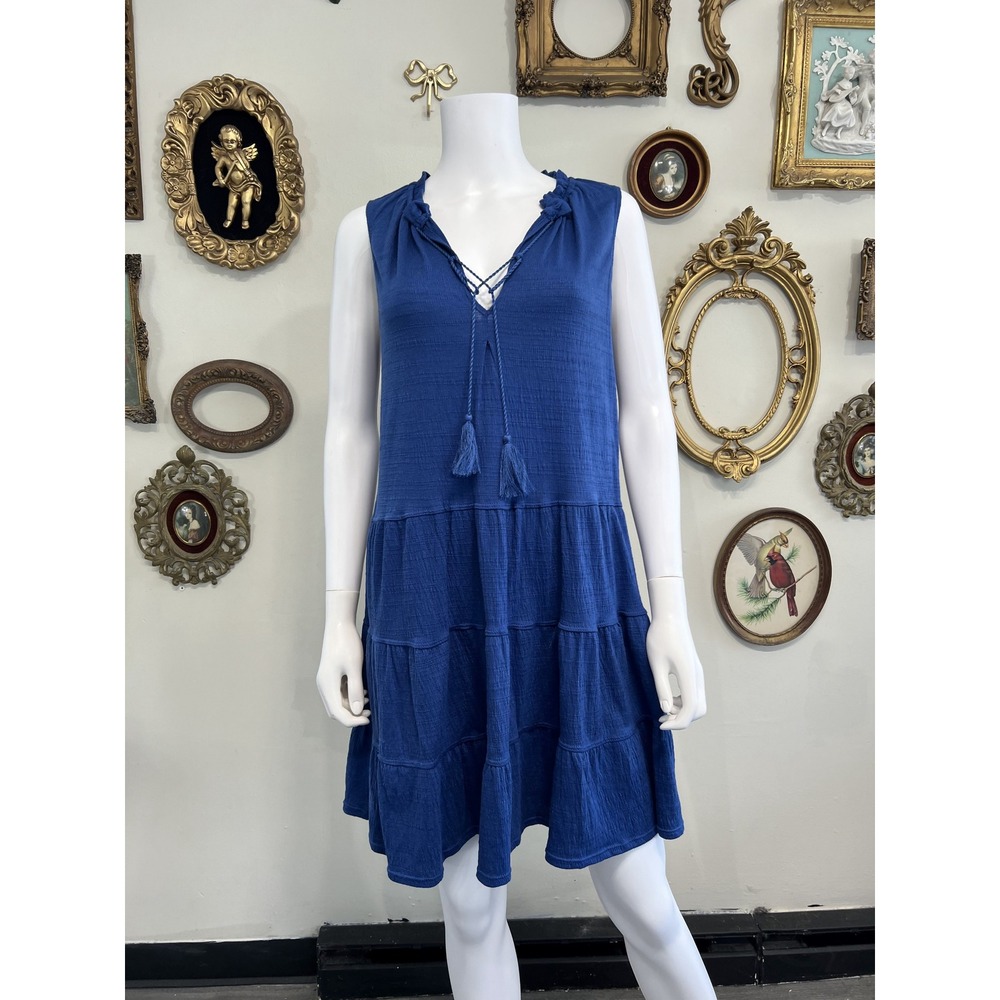 Max Studio Royal Blue Textured Tiered Sleeveless Tassel Tie Neck Mini Dress S